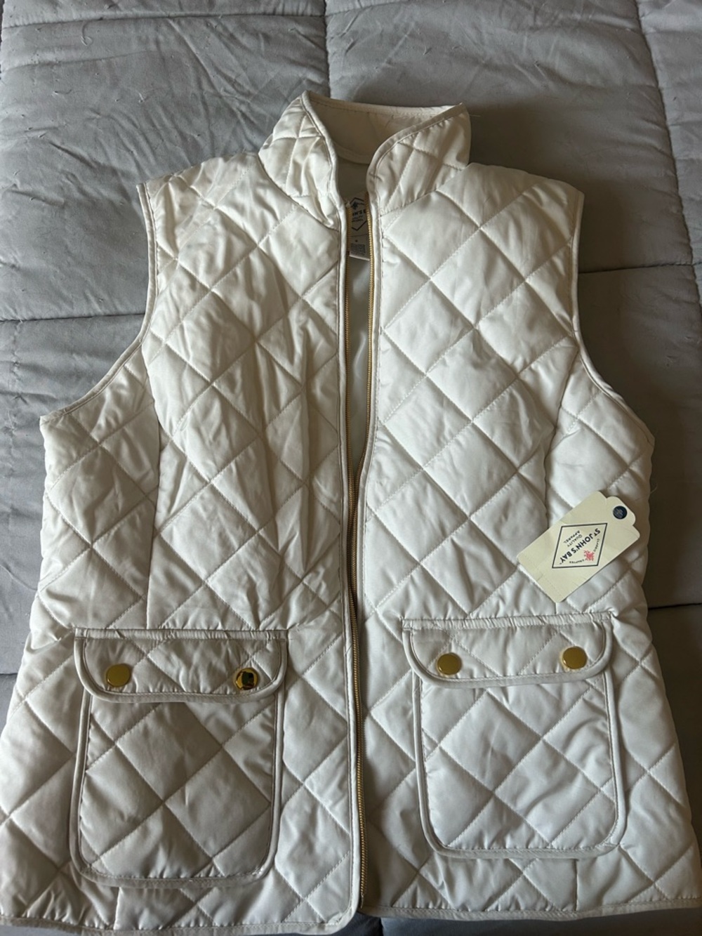St. John's Bay Cream Quilted Zip Vest with Gold Trim